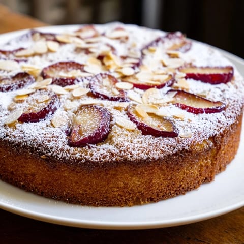 A slice of warm soft sweet plum-infused almond cake, hinting at vanilla and juicy baked plums.