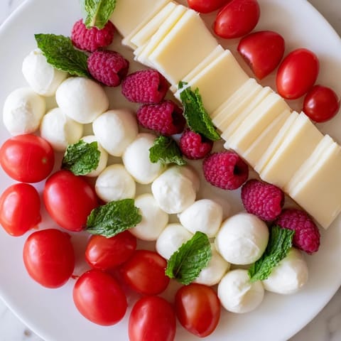 A beautifully arranged Peppermint Stripe Celebration, showcasing red and white ingredients on a party platter.