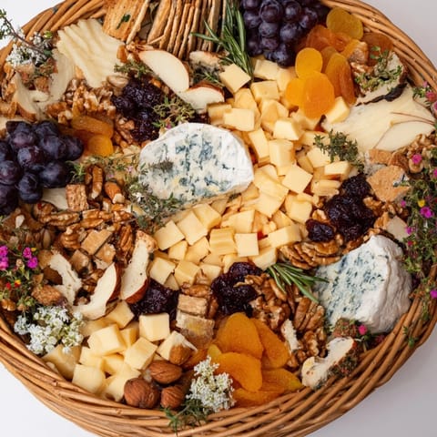 A beautiful Autumn Harvest Horn of Plenty appetizer, showcasing rustic cheeses, crackers, and mixed nuts and fruits.