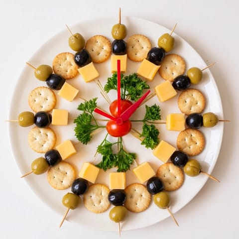 Delicious New Years Clock Countdown appetizer: crackers arranged as a clock face, cheese hands point to midnight.