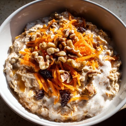Enjoy a layered jar of Carrot Cake Overnight Oats, showcasing oats, carrots, and sweet spices.