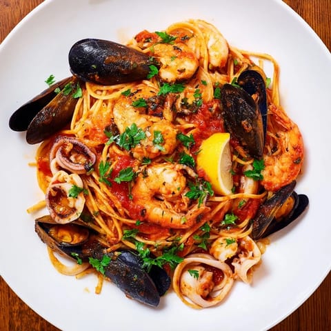 A close-up of Seafood Marinara Pasta pasta, the perfect comforting meal with fresh herbs.