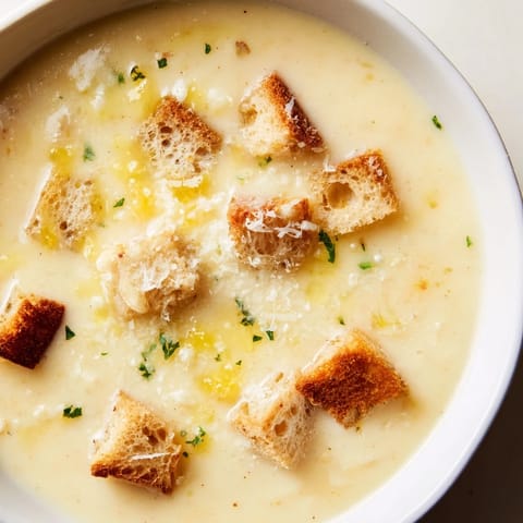 Warm and inviting bowl of Creamy Garlic Bread Soup, garnished with fresh parsley and cheese.