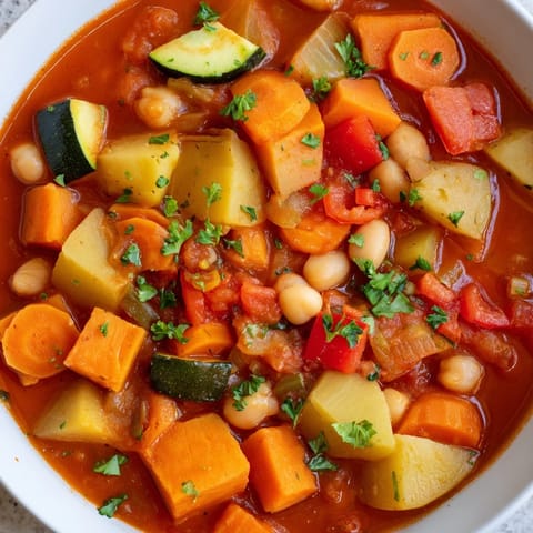 A steaming bowl of Hearty Vegan Sweet Potato Stew, garnished with fresh herbs and ready to serve.