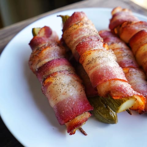 Twelve savory appetizer pieces offer a tangy pickle crunch and smoky bacon flavor.  