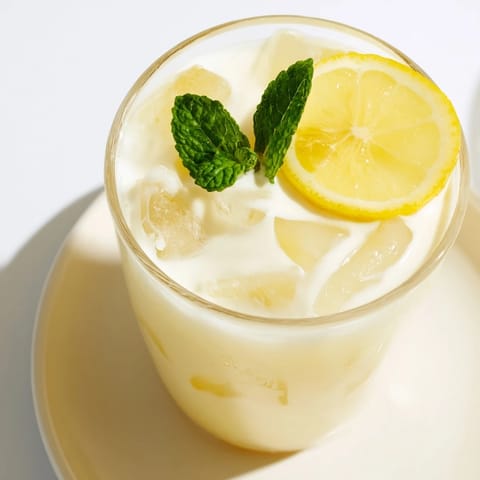 Served over ice in a glass, the Creamy Lemonade Drink features lemon slices and mint for a refreshing sip.