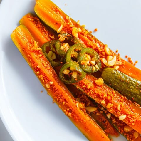 Crisp dill pickle chips soaked in zesty taco marinade, garnished with fresh jalapeño slices for a spicy, tangy bite.