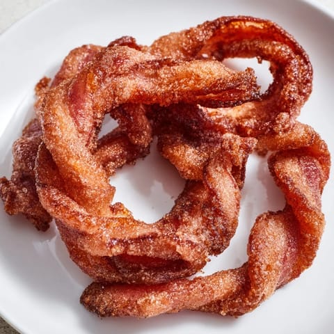 Twisty spiced bacon twists fresh from the oven, their crispy edges perfect for a brunch platter.
