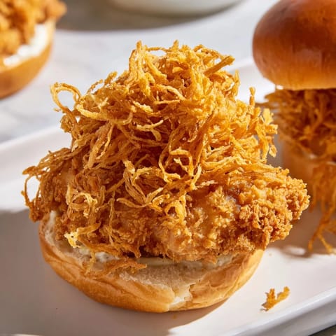 A juicy Crispy Onion Chicken Sandwich with golden fried onions and a soft brioche bun, perfect for a weeknight dinner.  