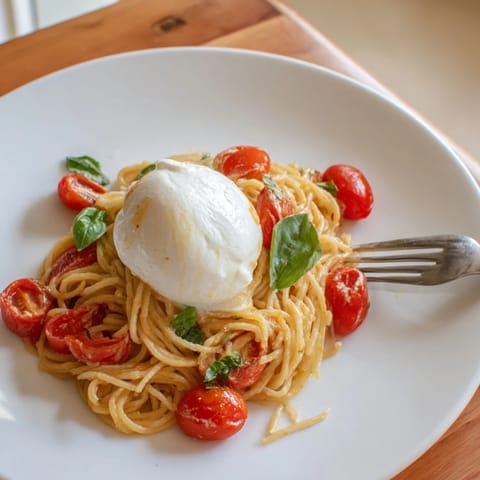Plate of burrata caprese pasta with melted cheese, juicy tomatoes, and aromatic basil leaves glistening with olive oil.  