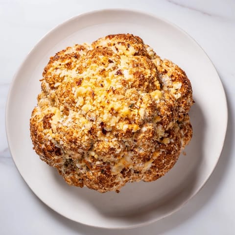 Sliced wedges of Cheesy Stuffed Cauliflower Head reveal the molten cheddar and herb center on a rustic plate.