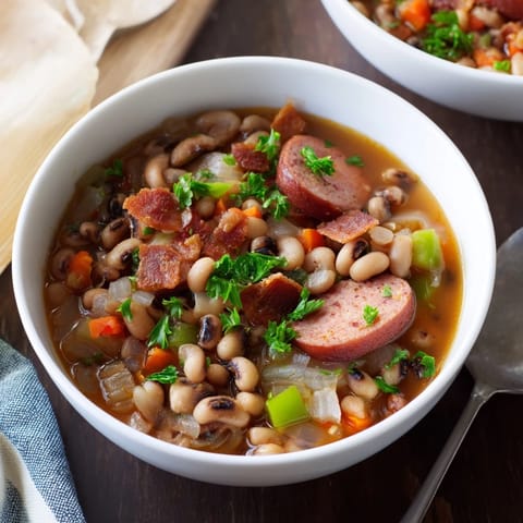 Savory Southern-Style Black-Eyed Peas served steaming hot beside golden cornbread and a dash of hot sauce.