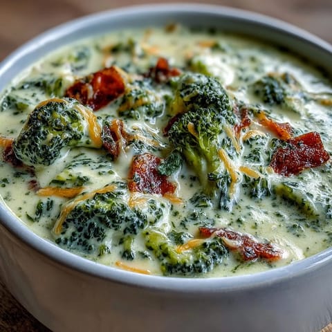 A warm pot of Broccoli Cheddar Soup simmering with tender broccoli florets, sweet carrots, and melted cheddar.