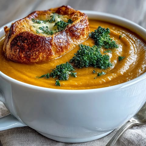 A bowl of velvety Creamy Broccoli and Butternut Squash Soup With Pastries topped with a golden puff pastry square.