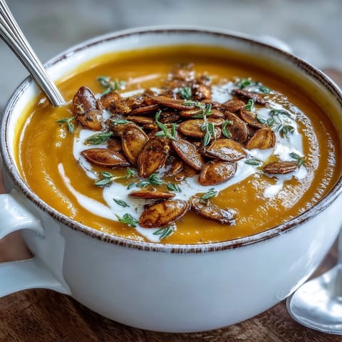 Easy Roasted Butternut Squash Soup steaming in a rustic bowl, garnished with pumpkin seeds and fresh thyme, perfect for cozy chilly nights.