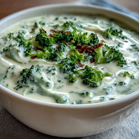 Cream of Broccoli Soup with a velvety texture, garnished with croutons and fresh chives in a rustic bowl.