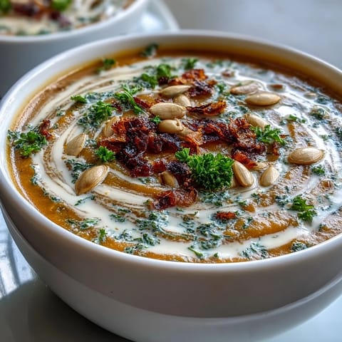 Vibrant roasted broccoli and butternut squash soup garnished with pumpkin seeds and fresh parsley.