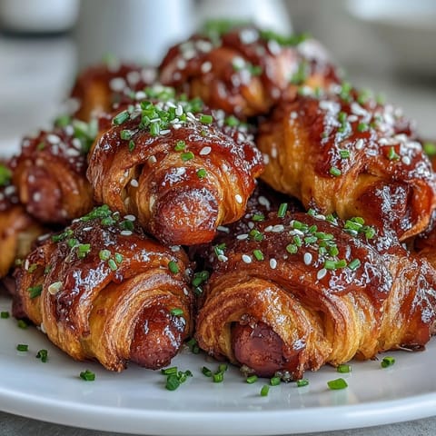 A close-up of Pepper Jelly Hogs in a Blanket, showing the juicy sausage wrapped in buttery pastry with a glossy, crimson glaze.  