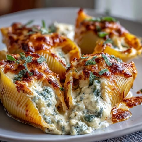 Creamy Pumpkin & Gouda Stuffed Shells with Brown Butter & Sage Alfredo Sauce are baked until bubbling.