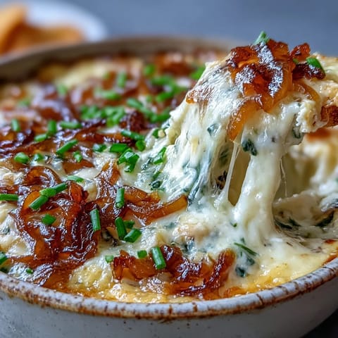 Warm Smoked Gouda & Onion Dip swirls with caramelized onions, served with crunchy tortilla chips.
