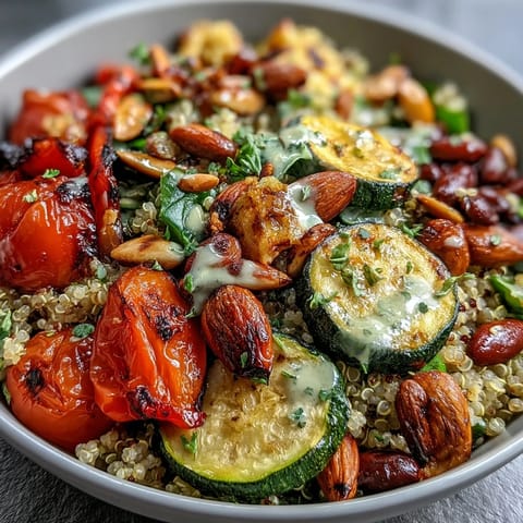 Colorful Veggie and Quinoa Power Bowl topped with crunchy nuts and seeds, drizzled with zesty lemon vinaigrette.