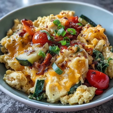 Fluffy scrambled eggs with melted cheddar and sautéed veggies in a white ceramic bowl, topped with fresh green onions.