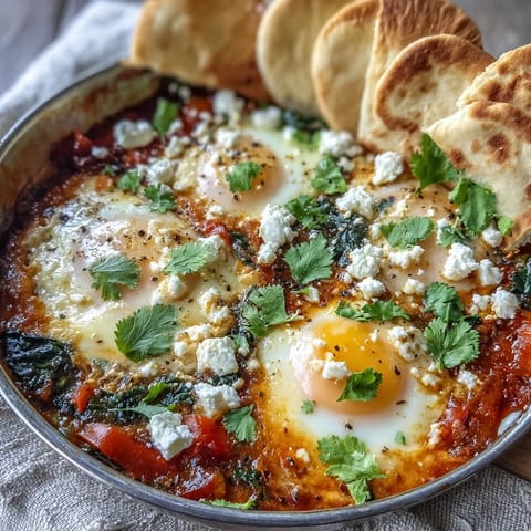 Homemade Shakshuka Bowl featuring runny-yolked eggs nestled in a zesty tomato and pepper stew, garnished with fresh cilantro and feta.