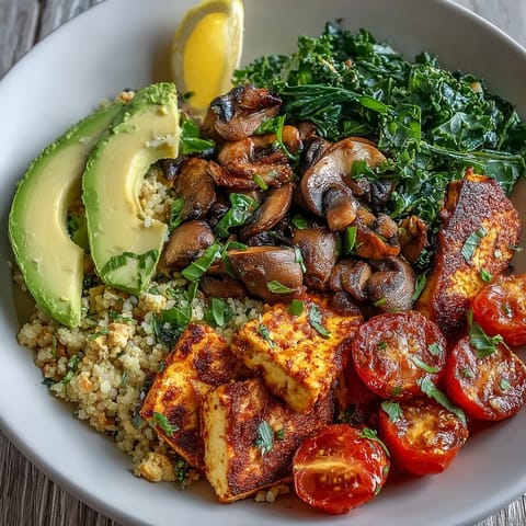 Overhead view of a vibrant Scrambled Tofu Breakfast Bowl featuring colorful garnishes like cherry tomatoes, parsley, and lemon wedges alongside the savory main ingredients.