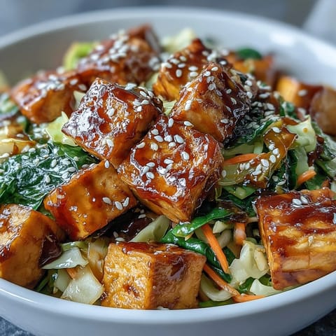 Close-up of the Tofu Egg Roll in a Bowl, showcasing tender greens and julienned carrots tossed in a glistening savory sauce.