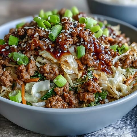 Ground pork and crunchy cabbage slaw are tossed in savory sauce for this deconstructed Egg Roll in a Bowl.
