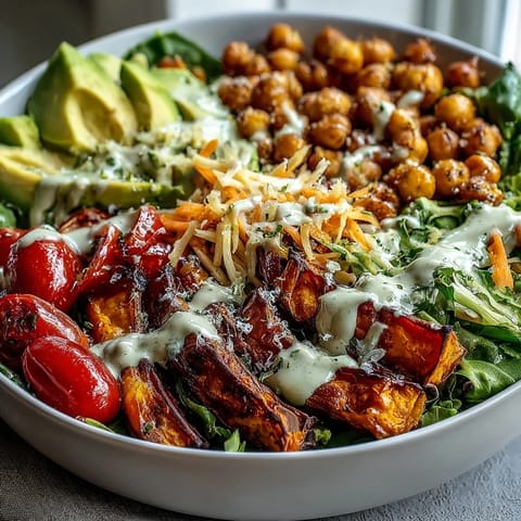 A vibrant breakfast buddha bowl ready to serve, featuring mixed greens, avocado slices, and drizzled tahini dressing.