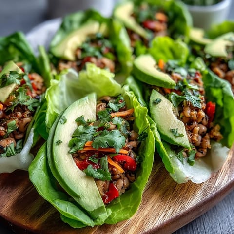 Crisp butter lettuce leaves filled with seasoned Black-Eyed Pea Lettuce Wraps, topped with avocado and fresh cilantro.