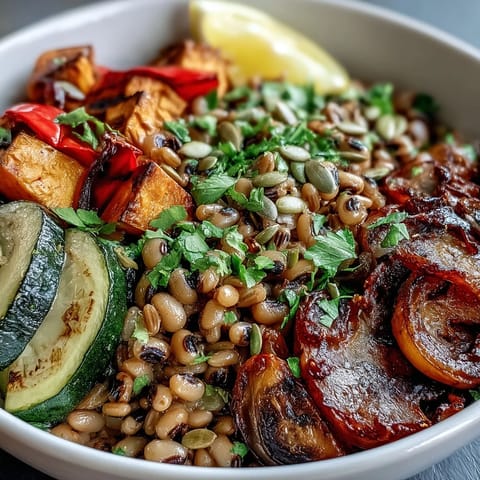 A fresh Black-Eyed Pea Grain Bowl garnished with parsley and feta, served with lemon wedges for brightness.