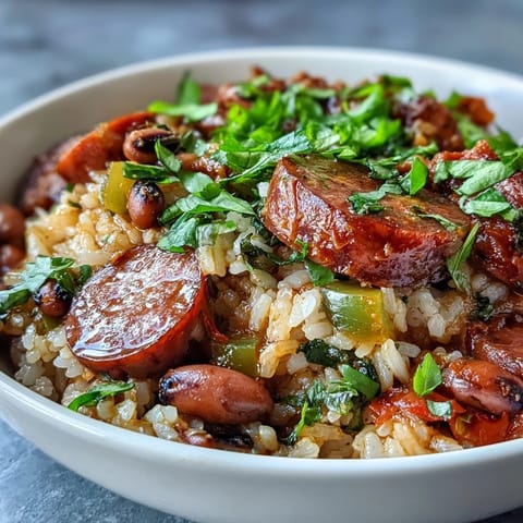 A close-up of Black-Eyed Pea Jambalaya served in a rustic bowl, garnished with fresh parsley and sliced green onions.