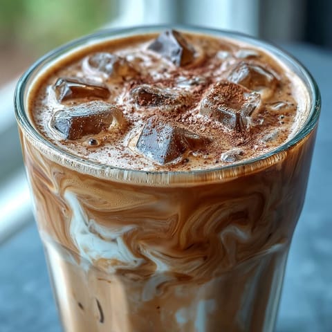 Homemade Iced Hojicha Latte served over ice cubes, showing rich roasted green tea and frothy milk layers.