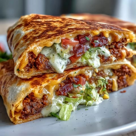 Golden Keto Crunchwraps searing in a skillet, showcasing the crunchy low-carb tortilla folded over savory beef filling.