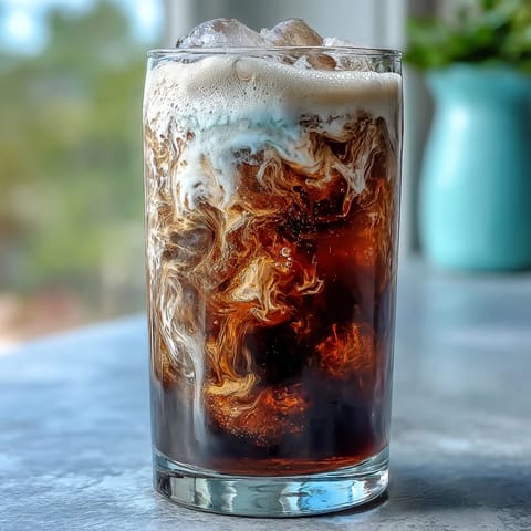 Creamy Midnight Malibu Dirty Soda topped with floating coconut cream and Dr Pepper.