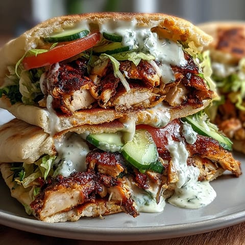 Golden-brown chicken Shawarma slices fanned out beside a bowl of creamy garlic sauce and tangy pickles.