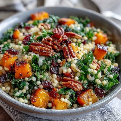 A bowl of Honey Autumn Pearl Couscous Salad is tossed with massaged kale and tangy honey-citrus dressing.