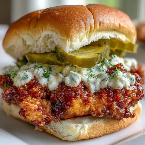 A close-up view of a Nashville Hot Chicken Slider shows juicy chicken thighs and dill pickle slices peeking out from toasted brioche buns.