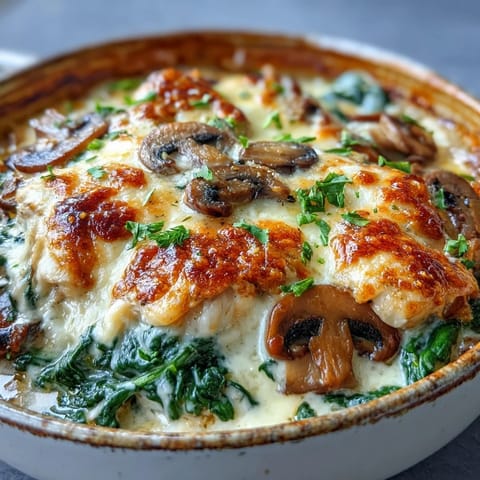Tender chicken, sautéed mushrooms, and wilted spinach peek through the creamy sauce in this casserole.