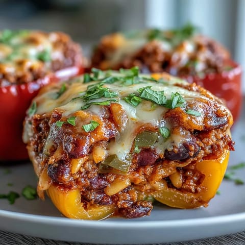 Golden, bubbling cheddar tops these Baked Chili Mac Stuffed Peppers, filled with hearty meat and beans.