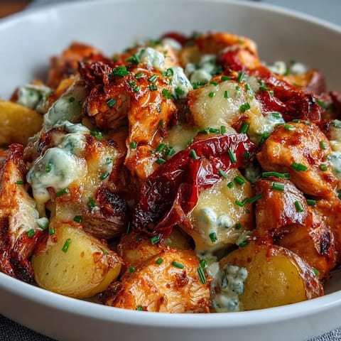 Buffalo Ranch Chicken Potato Bake served hot with melted cheddar, chives, and a ranch drizzle on a rustic platter.
