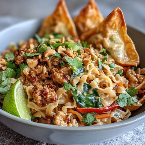 A close-up of Creamy Thai-Inspired Peanut Noodle Bowls highlighting crispy edges and chopped peanut garnish.