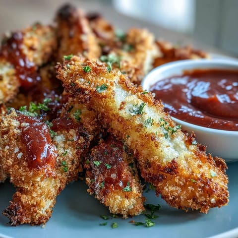 Golden-brown Crispy Baked Chicken Parmesan Fries on a platter served with marinara and ranch for dipping.
