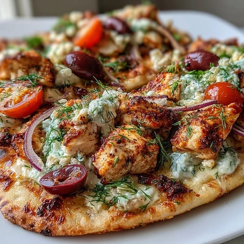 A close-up of Lemon Feta Chicken Naan Pizza with creamy feta and Kalamata olives.