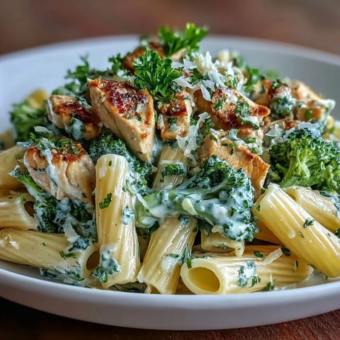 Creamy Garlic Parmesan Broccoli & Chicken Pasta with tender chicken and bright green broccoli in a rich sauce, served steaming in a skillet.