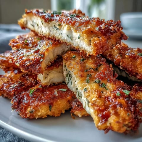 Crispy Baked Chicken Parmesan Fries served warm with marinara sauce and creamy ranch dip.