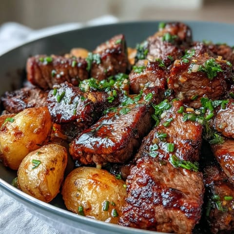 Golden seared steak bites and crispy baby potatoes glisten in a rich garlic butter sauce. Garlic Butter Steak & Potato Skillet is served topped with fresh parsley.
