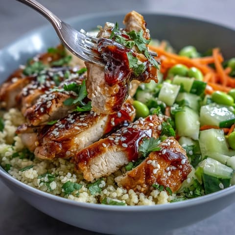 Freshly baked, tender chicken slices rest on Mediterranean pearl couscous in a vibrant Sesame Ginger Chicken Couscous Bowl, garnished with crunchy veggies and herbs.